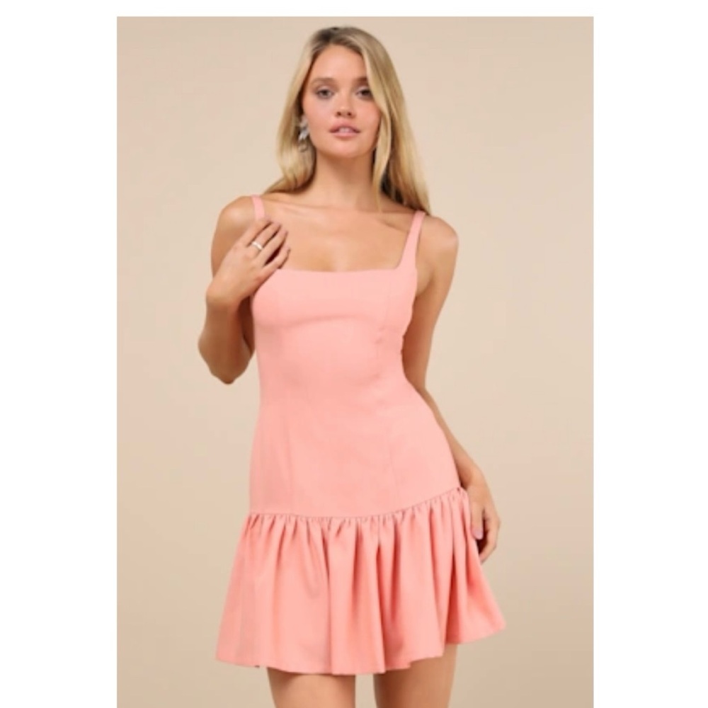 Lulu's adorable concept peach lace- up backless drop waist mini dress